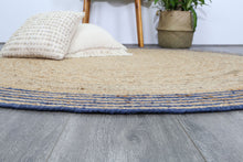 Load image into Gallery viewer, Capri Natural Round Navy Boarder Rug
